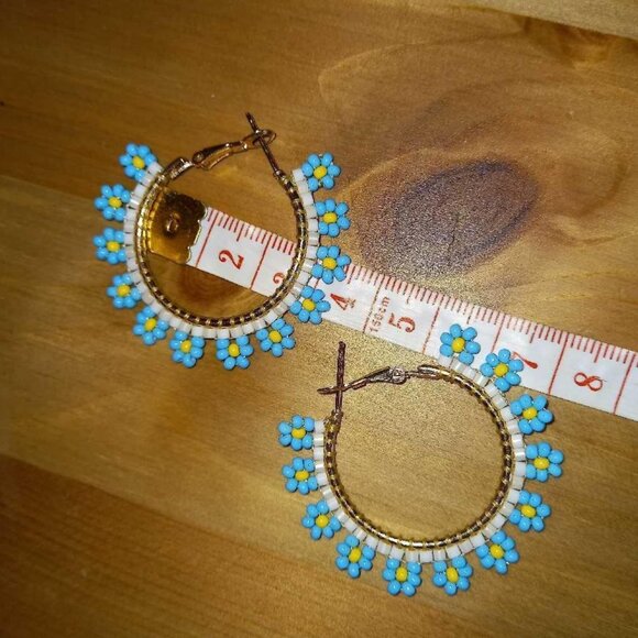 Handmade Beaded Daisy Hoop Earrings • Blue & Yellow Floral Boho Hoops - Picture 5 of 5